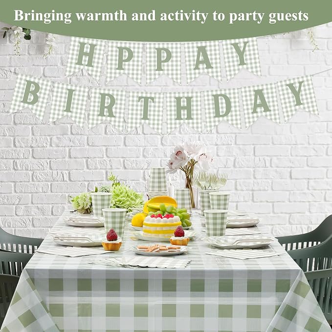 LemonRoad 128 Pcs Sage Green and White Birthday Party Decoration Women for 25 Guests, Gingham Checkered Green Birthday Paper Plates Napkins Cups Tablecloth Forks Banner for Birthdays Party Supplies