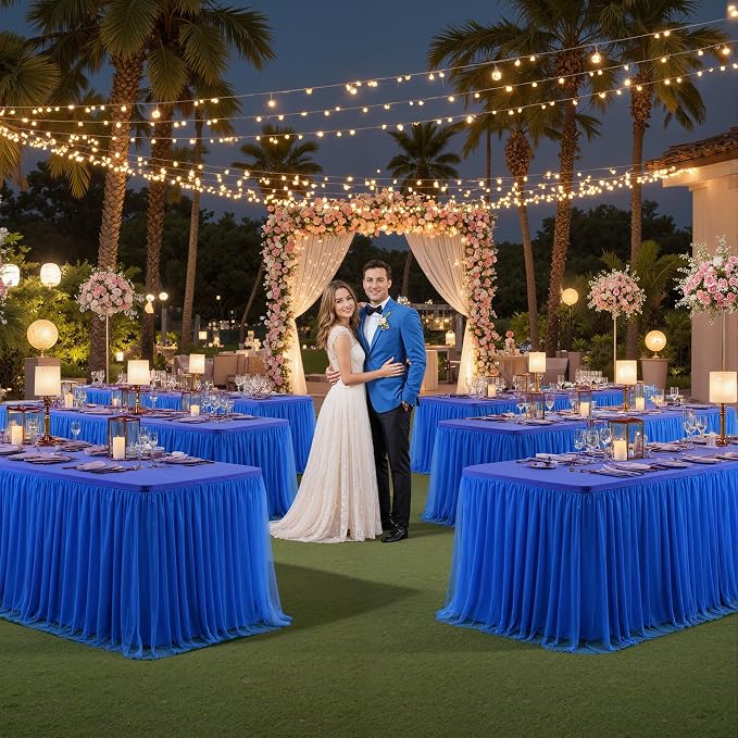 Royal Blue Fitted Tablecloth Rectangle 6 Foot Stretch Elastic Tulle Ruffle Tablecloths Rectangular Spandex Table Covers 6ft Birthday Baby Shower Wedding Party Table Cloths with Skirt 4Pack