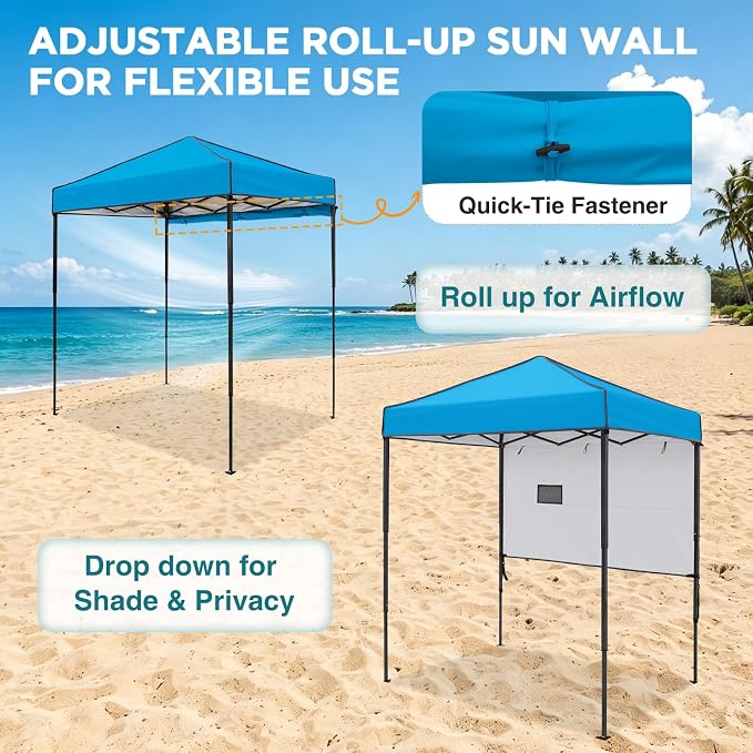 EAGLE PEAK 6x4 Instant Pop Up Canopy Tent with 1 Half Wall Panel, Straight Leg Sun Shelter, Portable Canopy with Carry Bag for Camping, Beach & Sports, Light Blue