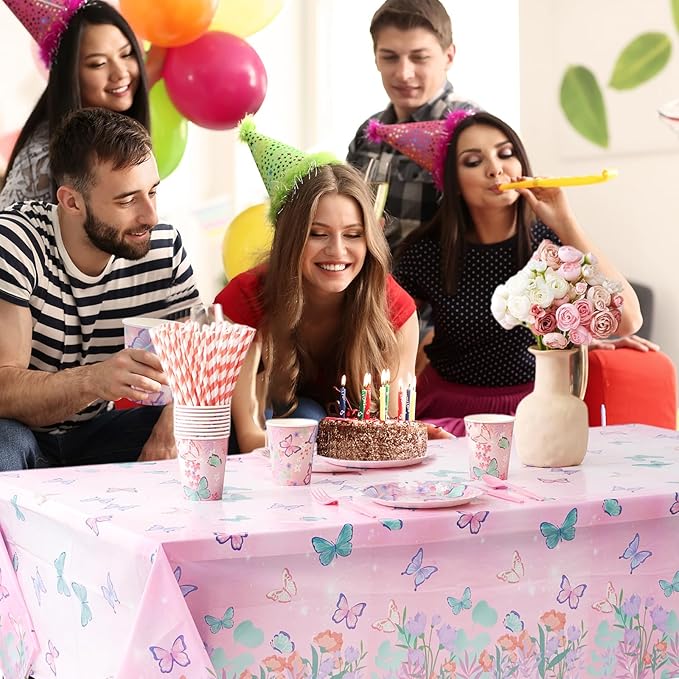 Funnymoom 452 Pcs Butterfly Birthday Party Supplies, Butterfly Floral Disposable Paper Plates Napkins Cups Tablecloth and Cutlery Straws for Ladies Spring Butterfly Birthday Decorations, Serves 50