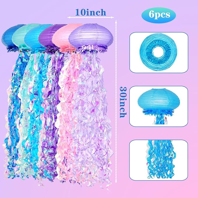 OBXT Hanging Jellyfish Lanterns Multi-Color 6 Pack - Ocean-Themed Decor for Under the Sea Mermaid Birthday Party Classroom & VBS Baby Shower Beach Theme