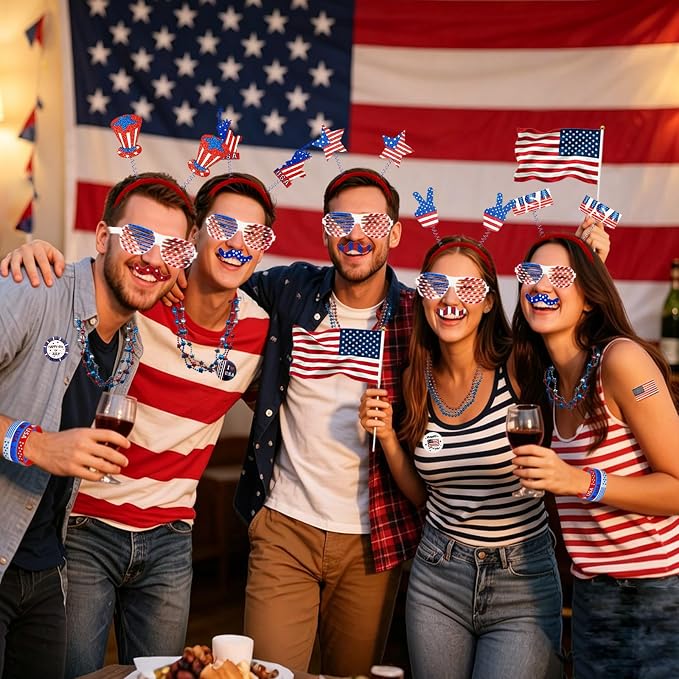 136PCS 4th of July Accessories - Patriotic Party Pavors Fourth of July Supplies USA Themed Decoration Memorial Independence Day American Flag Headband Shutter Glasses Tattoo Sticker Necklace