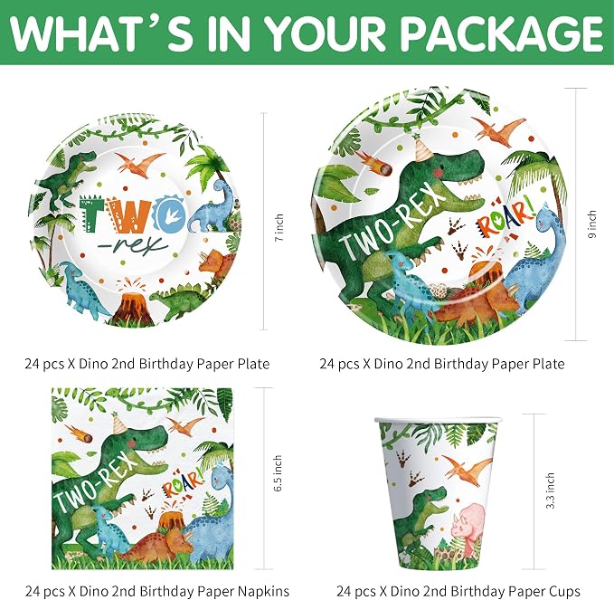 Dinosaur 2nd Birthday Party Supplies For Boy - Dinosaur Theme Dino Two Rex Birthday Decorations Tableware, Disposable Paper Plate, Cup, Napkin, Tablecloth, Cutlery | 24 Guest