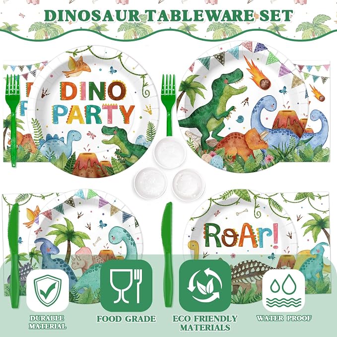 210 Pcs Dinosaur Birthday Party Decorations Serves 24 ，Dino Roar Party Supplies with Banner Hanging Plates Napkins Cups Forks Knives Tablecloth Topper Balloons for Boy Party