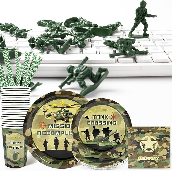 Recheel Army Birthday Party Supplies Decorations, Camo Theme Birthday Paper Plates and Napkins Set with Cups and Straws for 24 Guests, 120 Pcs Disposable Party Dessert Dinnerwares