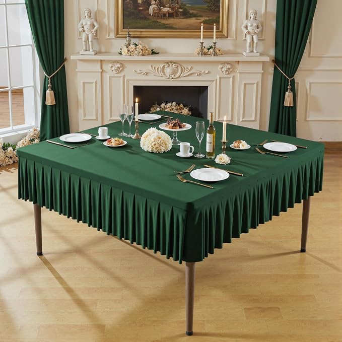 Shillance 48x48 Inch Green Spandex Square Tablecloth,Wrinkle Free Green Fitted Table Cloth for Square Tables,Washable Pleated Table Cover for Wedding Birthday Cocktail Party Buffet Dinner Camping