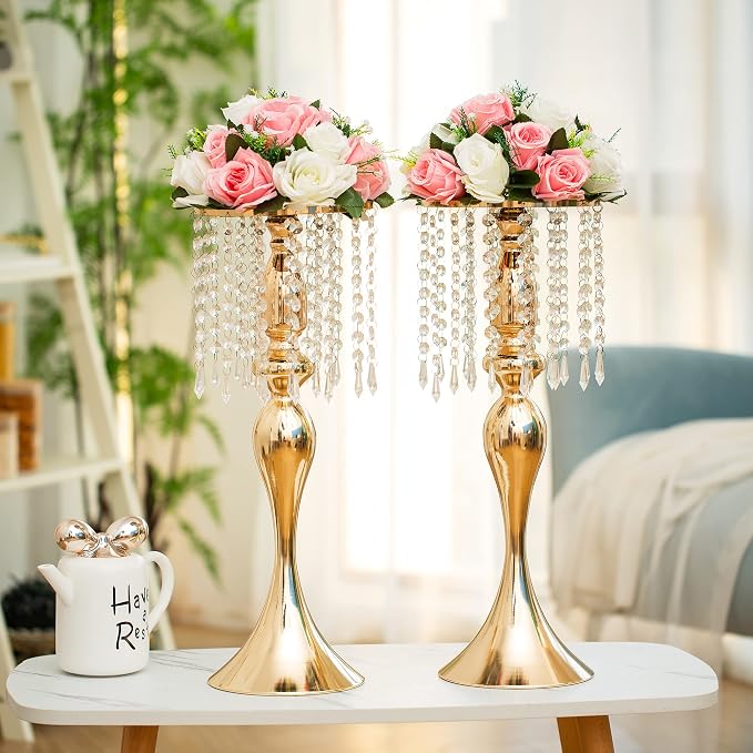 Gold Vase Stand Table: 21.3in Wedding Centerpieces, Set of 2 | High End Crystal Design Vase Stand for Wedding Party Reception Birthday Event Home, Tall Table Center Piece