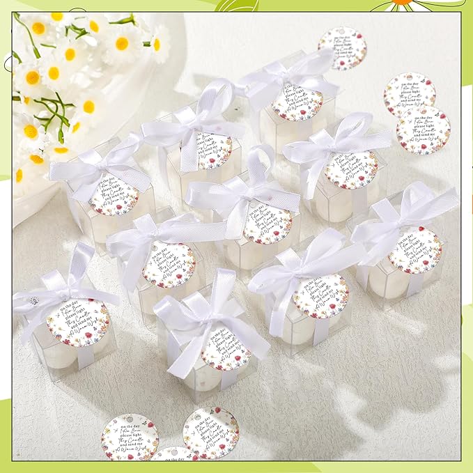 MTLEE 24 Sets Wildflower Baby Shower Favors Small Bubble Candles Baby Shower Favors for Guests Tea Candles Bulk with Stylish Ribbons Cards Gifts Party Decoration(White,Wildflower)