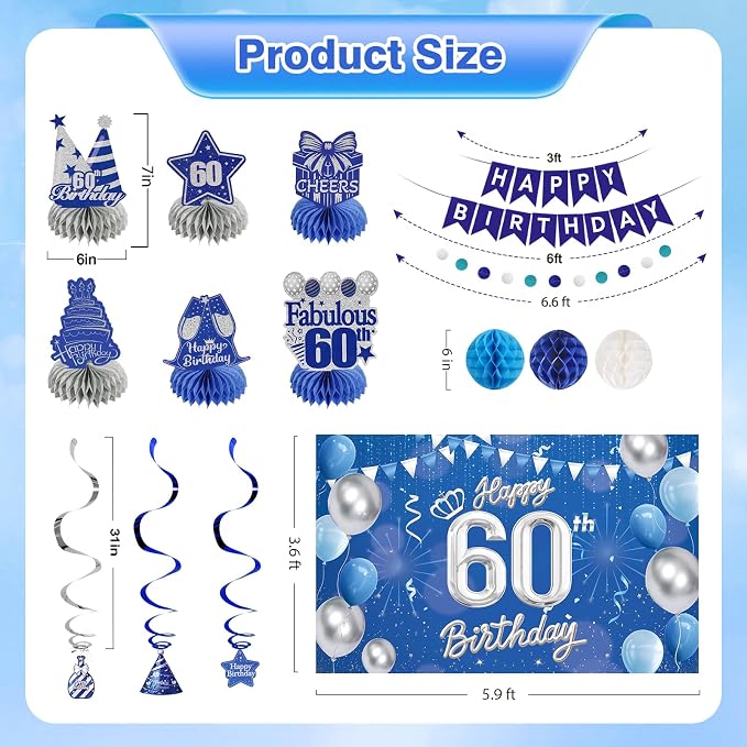 Happy 60th Birthday Party Decoration: Including Birthday Banner Backdrop, Party Table Centerpieces and Hanging Swirl Party Streamers, Birthday Decor for Men and Women (Blue, 60th Birthday)