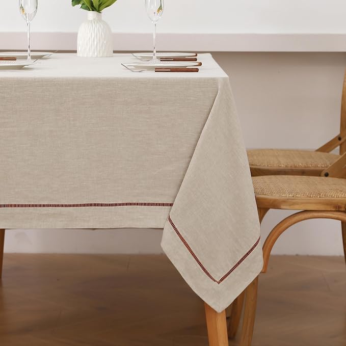 Linen World Hemstitch Linen Tablecloth,100% French Flax,60x108Inch Handcrafted Natural-Macchiato Linen Table Cloth,Tabletop Decoration,Kitchen & Dining Table Cloths