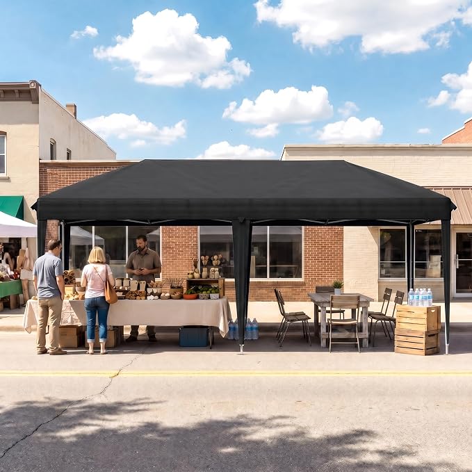10x20 FT Portable Pop Up Canopy Tent with Sandbags, Adjustable Height Instant Gazebo Without Sidewalls,Waterproof Outdoor Canopy for Camping, Parties, Vendor Events (Black, 3m × 6m Without sidewalls)