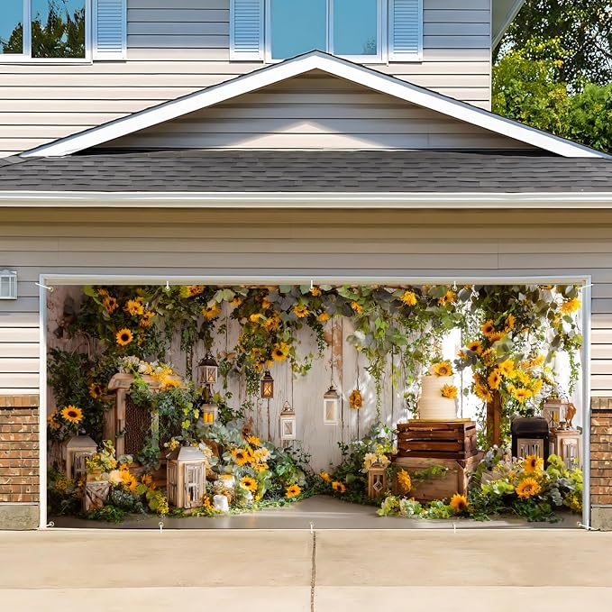 Sunflower Garage Door Banner 7x16ft Waterproof -Rustic Farmhouse Backdrop with Greenery,Wedding &Birthday Decor,Photo Booth Background