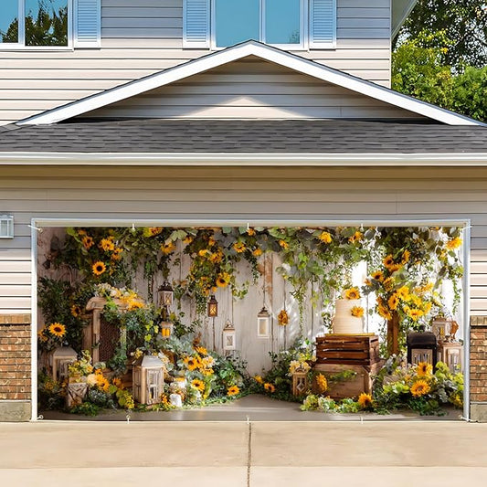 Sunflower Garage Door Banner 7x16ft Waterproof -Rustic Farmhouse Backdrop with Greenery,Wedding &Birthday Decor,Photo Booth Background