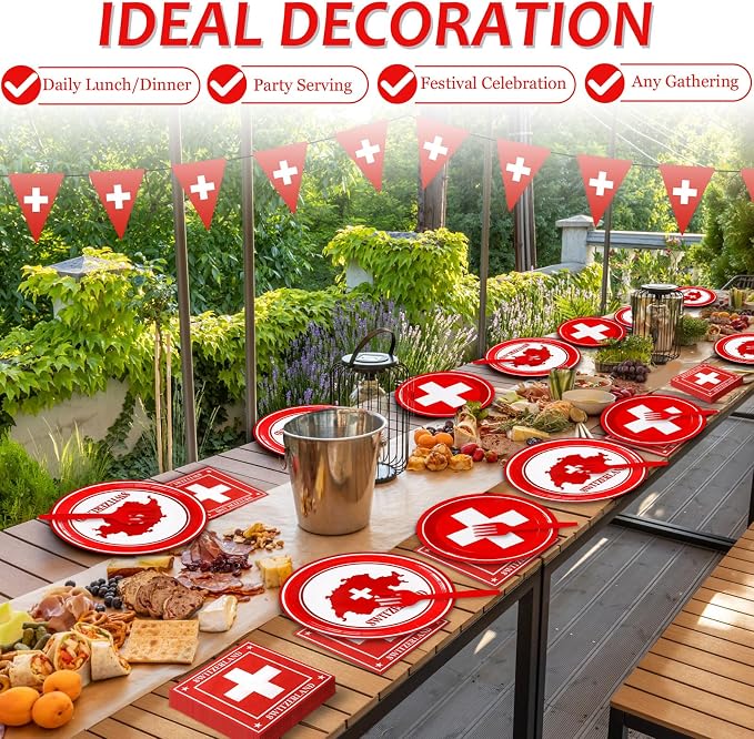 96pcs Switzerland Party Supplies Tableware Set Swiss Flag Party Paper Plates and Napkins Swiss National Day Decoration Suitable for Cultural Festivals Global Travel Parties, Serve 24