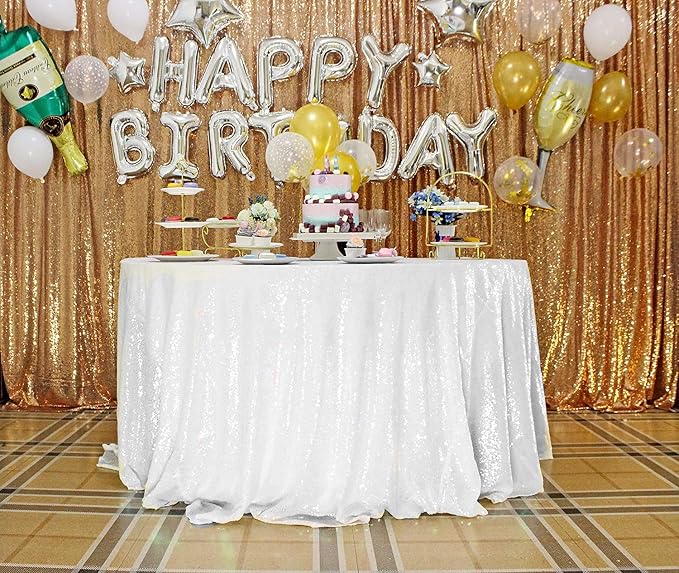 White Sequin Tablecloth, 108'' Round Sparkly Tablecloth, Glitter Tablecloth for Wedding Baby Shower Birthday Party Dinners