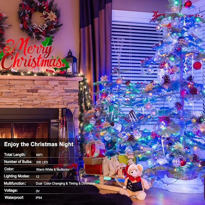 66Ft 200LED Battery Christmas Lights Color Changing String Lights for Home | Green Wire,Remote, Timer, 12 Lighting Modes,Waterproof,Fairy Lights for Bedroom Wreath Wedding Christmas Decor