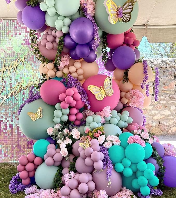 Pastel Purple Pink Balloons Lavender Teal Balloon Garland Metallic Lilac Blue Balloons Different Size Green and Orange Balloon Arch Kit For Encanto Birthday Butterfly Baby Shower Princess Party Supply