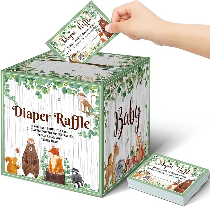 Teling 51 Pieces Diaper Raffle Tickets with Card Box Baby Shower Decorations Baby Shower Holder Box for Girl Boy Diaper Raffle Party(Woodland Animal)