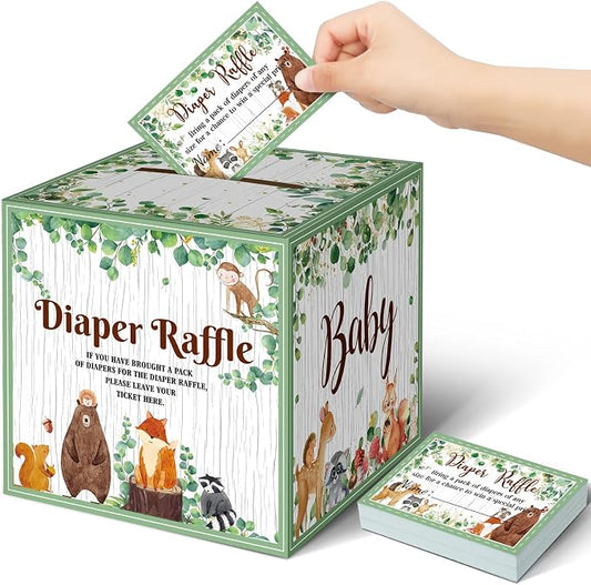 Teling 51 Pieces Diaper Raffle Tickets with Card Box Baby Shower Decorations Baby Shower Holder Box for Girl Boy Diaper Raffle Party(Woodland Animal)