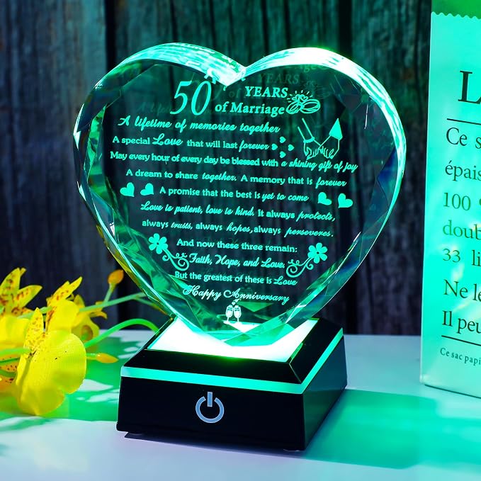 50th Wedding Anniversary Crystal Gifts for Couples Parents with Colorful LED Base Heart Romantic Happy 50th Anniversary Plaque Gift for Husband Wife 50 Years of Marriage Gifts for Her Him