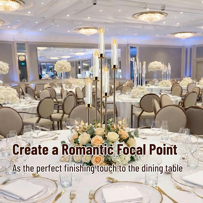 Candelabra Gold Centerpiece 5 Arms Taper Candle Holder Gold Centerpiece with Acrylic Tubes for Table Decoration Wedding Event Party Aisle Stage Home Decor (1, L)