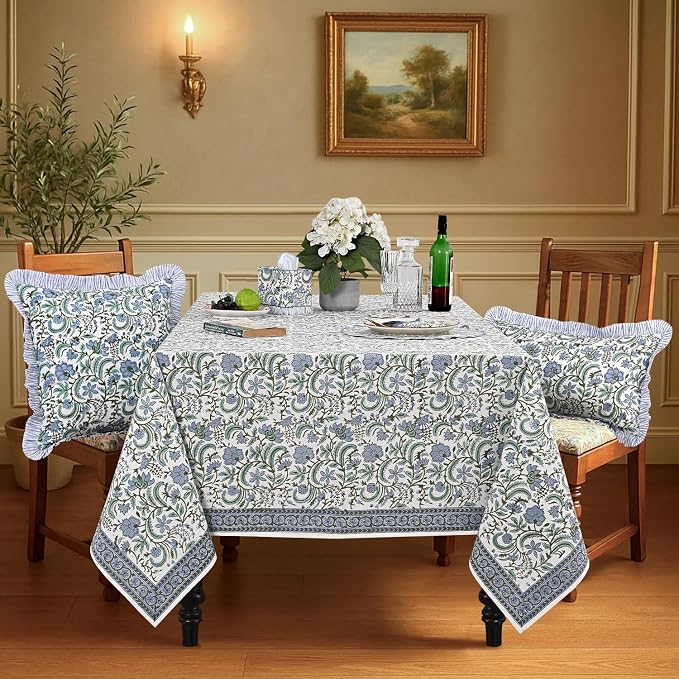 Ridhi Columbia Blue Hand Block Print Cotton Rectangle Tablecloth 108" x 70" inches Reusable Table Cover Decorative Everyday Use for Dining Room, Farmhouse, Home Gift for Spring, Mother's Day