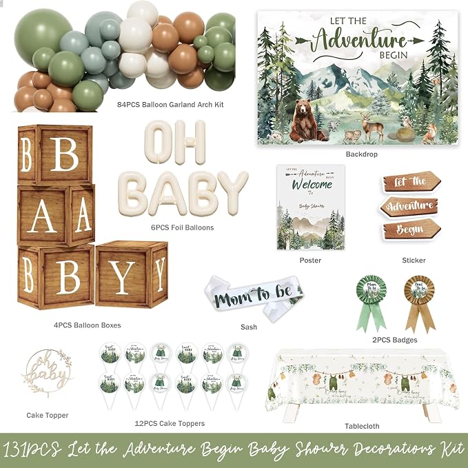 Let the Adventure Begin Baby Shower Decorations, 131 PCs Adventure Awaits Baby Shower Party Supplies with Mountain Backdrop, Balloon Garland, Mom to Be Sash for Boys Forest Woodland Party