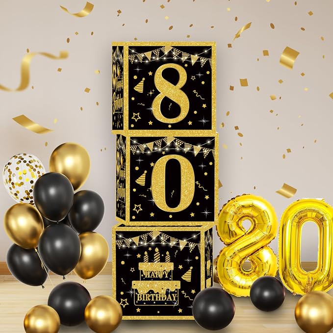 Gold 80th birthday decorations for men,3pcs birthday Decorations for Men boys black and gold Balloon Boxes Birthday Party Favors