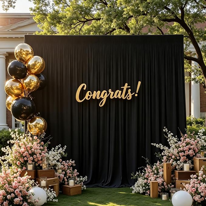 Gallety 10FT x 10F Black Backdrop Curtain for Parties, Polyester Wedding Backdrop Drapes with Rod Pockets,Photo Background Curtain for Banquets,Photography, Home Party,Black Birthday Decorations