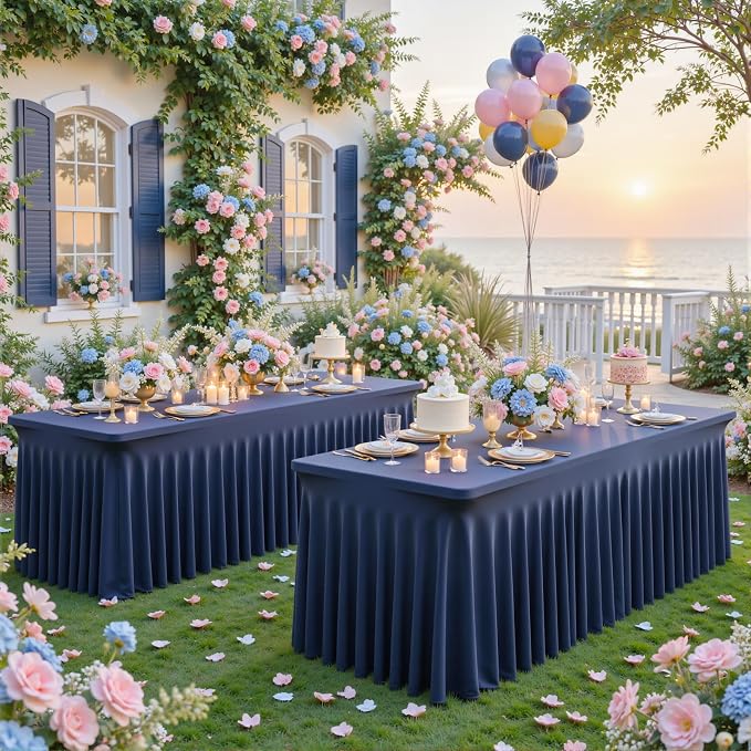 gogoparti 6 Pack Spandex Navy Blue Fitted Table Cloth for 8ft Rectangle Tables Navy Blue Stretch Tablecloth Banquet Table Covers Skirt Wrinkle Free Tablecloths for Parties Wedding