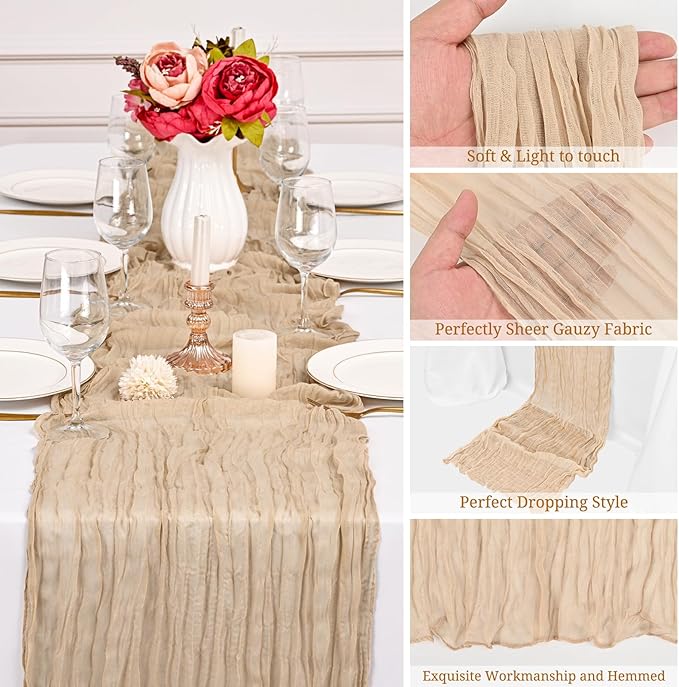 24 Pack Beige Cheesecloth Table Runner,10FT Gauze Boho Long Cheesecloth Table Runners 20x120inch Rustic Cheese Cloth Table Runner for Wedding Party Bridal Shower,Table Decorations