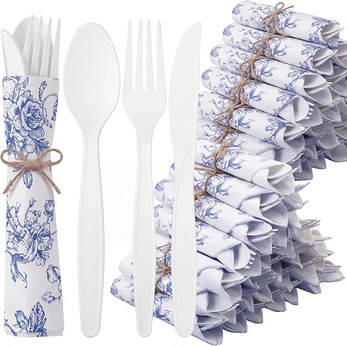 400 Pcs Something Blue Before I Do Blue Floral Wedding Supplies Biodegradable Disposable Tableware for 100 Guests Knives Spoon Fork Floral Paper Napkins for Bridal Shower Bridesmaid Gift