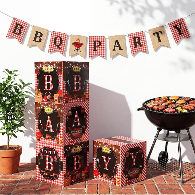 AmazingSpark 4 Pcs BBQ Baby Shower Boxes with Letters BBQ Candy Box Decor with Letters Blocks Newborn Birthday Shower Centerpiece for Party Backdrop