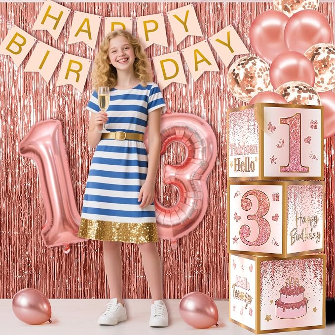 13th Birthday Decorations for Girls,13 Year Old Boxes Decor for Girls Women Happy official 13th teenager Birthday Kits Pink Rose Gold Number 13 Foil Balloons Party Supplies Rose Gold Tassel Curtain