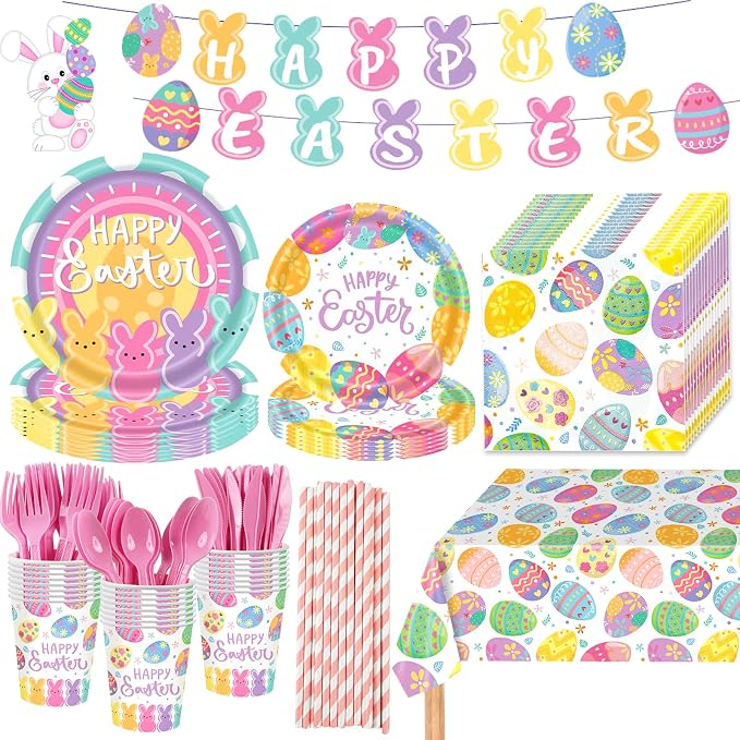 194Pcs Easter Paper Plates & Napkins Sets, Easters Dinnerware/Tableware Sets Including Cups Straws Plastic Cutlery Banner Disposable Tablecloth for Easter Party Supplies Decor,Serves 24 Guests