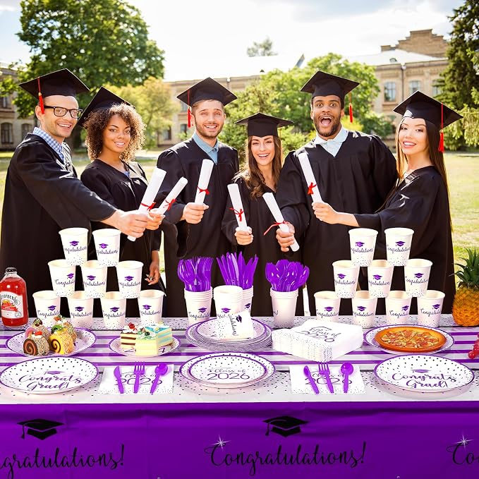 175pcs Class of 2026 Graduation Plates and Napkins Set, Disposable Paper Plate Set Polka Dots Napkin Cups Knife Fork Spoon for Graduation Party Decorations and Supplies,Serve 25 (White Purple)