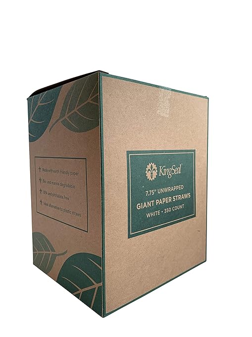 350 Count | Kingseal Disposable Paper Drinking Straws, Unwrapped, WHITE, 7.75 Inch Length x 8mm Diameter, "Giant" Size, White, Biodegradable, Earth Friendly, Bulk Pack - 1 Box of 350 Straws