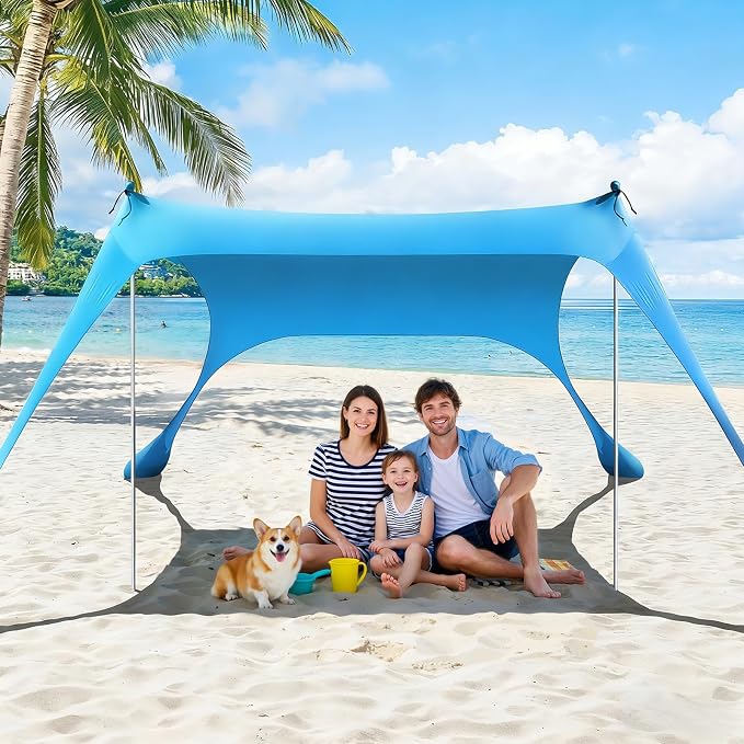 Rhino Valley Beach Tent, 7 x 6.5 Ft Beach Shade UPF50+ Protection, Beach Canopy with 4 Sandbags 2 Stability Poles, Outdoor Beach Tent Sun Shelter Umbrella for Sand,Camping,Fishing Essentials, Sky Blue