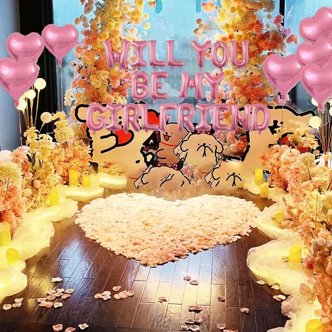 2 Set Pink Will You Be My Girlfriend Balloons - 42pcs 16" Letter Balloons 1200pcs Pink Artificial Rose Petals 10pcs 18" Heart Balloon Alphabet Foil Mylar Balloon for Valentines Day Decorations