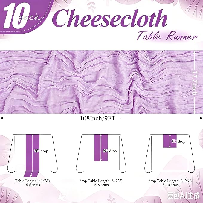 10 Pack Lilac Cheesecloth Table Runner17 x108 Boho Gauze Fabric Table Runner Vintage Rustic Sheer Runners for Wedding Party Bridal Baby Shower Table Decorations