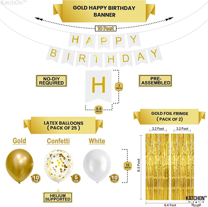 KatchOn, Gold Birthday Decorations Set - Pack of 45 | Happy Birthday Banner, Star Balloons, Pom Poms, Balloons for Gold Party Decorations | Bday Decorations for women, Men