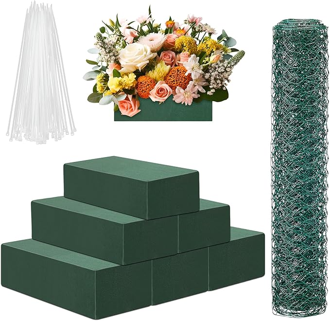 Jingmore 6 Pack Dry and Wet Floral Foam Blocks (7.8” L x 3.5” W x 2.4” H) and Chicken Wire for Flower Arrangements, 17.7 x 157 Inch Green Mesh for Wedding Birthday Decoration Garden Crafts