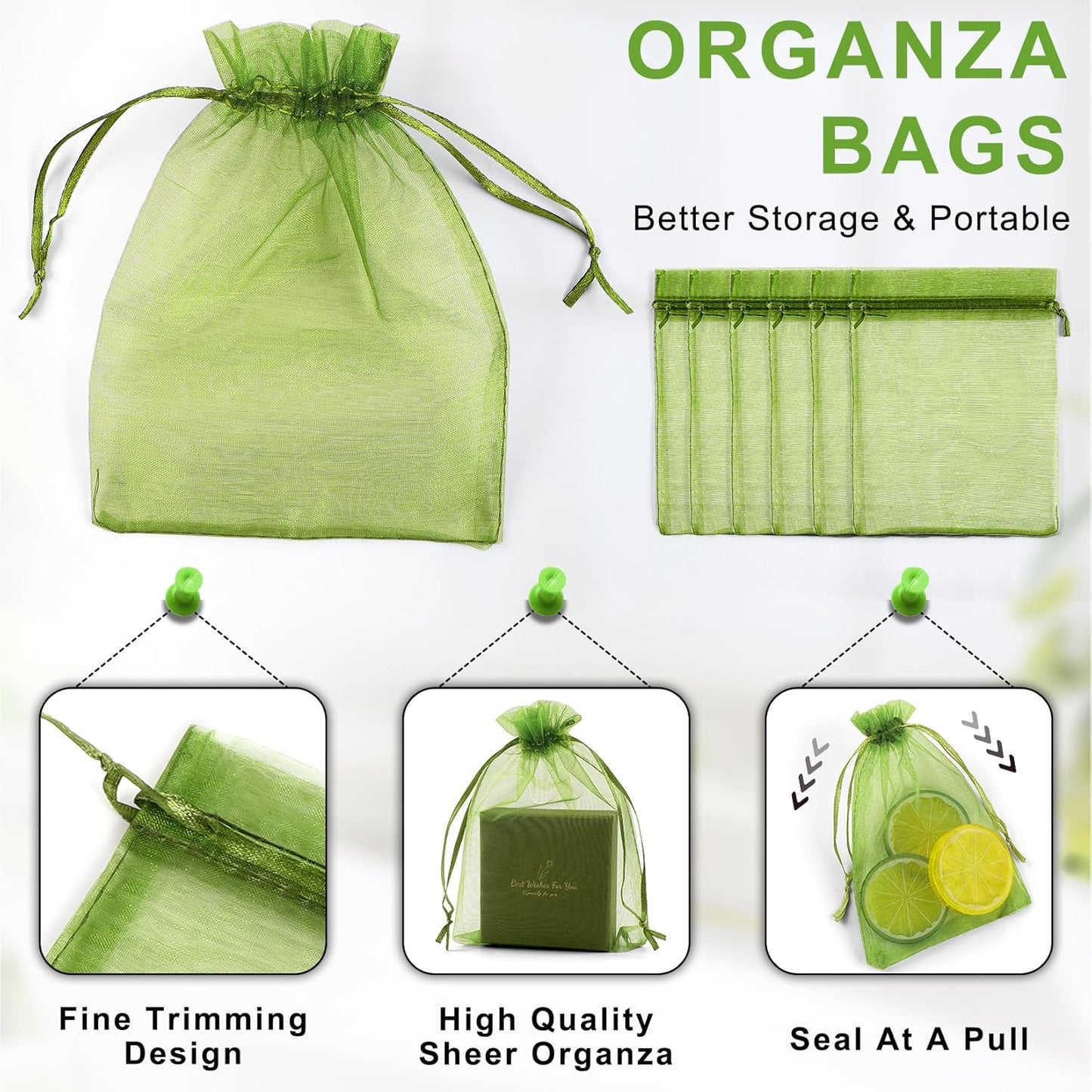 ANZNKU 100 Pack Green Organza Bags 4 x 6 inch Premium Sheer Drawstring Small Mesh Bags for Candy Jewelry Party Christmas Wedding Favor Gift Bag
