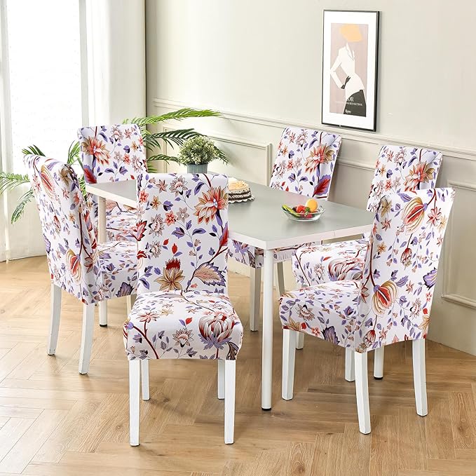 Fuloon Chair Covers for Dining Room 4 Pack, Printed Stretch Dining Slipcovers, Washable Kitchen Slip Covers for Parson Chair, Flower Cluster Printed, Set of 4