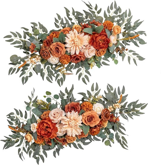 TINGE TIME Terracotta Flower Garlands, 2 PCS Artificial Eucalyptus Arch Flowers, Handcraft Artificial Rose Garlands for Arch Wedding Sweetheart Table Ceremony Backdrop Fall Decorations for Home