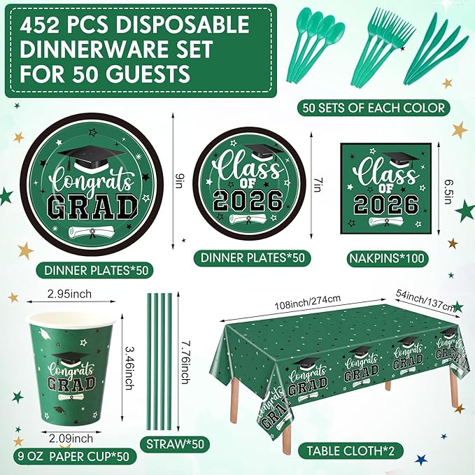 Funnymoom 452 Pcs Class of 2026 Green Graduation Party Decoration for 50, Green and Black Graduation Paper Plates Napkins Cups Tablecloth Cutlery Straws for College School Congrats Grad Party Supplies