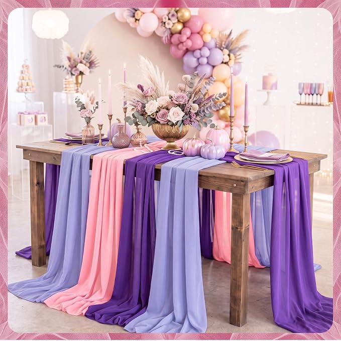 Boao 6 Pcs Pink and Purple Party Decorations Table Runner Cloth 10Ft Boho Sheer Rustic Fabric for Wedding Birthday Party Baby Bridal Shower Graduation Dawn Sunset Decor