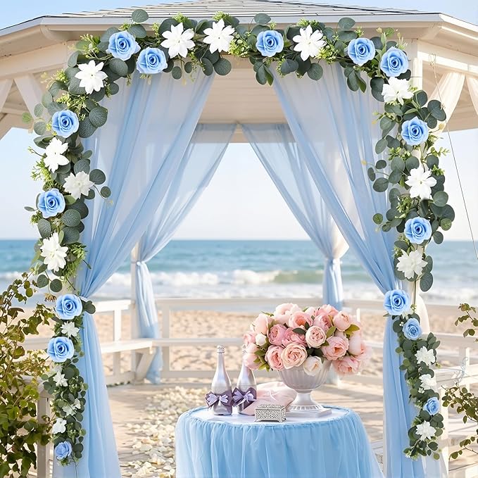 4 Pack Wedding Garland Set, Blue Rose & White Dahlia Hanging Flower Vines for Wedding Arch, Backdrop, Mantel, Home Decor (5.91ft)