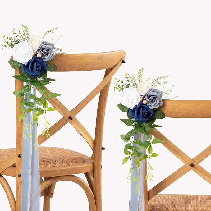 DORIS HOME Wedding Chair Decorations Blue Pew Flowers Set of 10 for Wedding Ceremony Party Aisle Decor with Artificial Flowers Eucalyptus and Ribbons