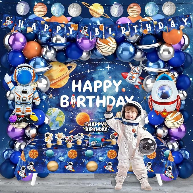 139Pcs Space Themed Party Decorations, All-In-One Outer Space Planet Birthday Banner Backdrop Cake Cupcake Toppers Tablecloth Astronaut Rocket Balloon Garland Kit